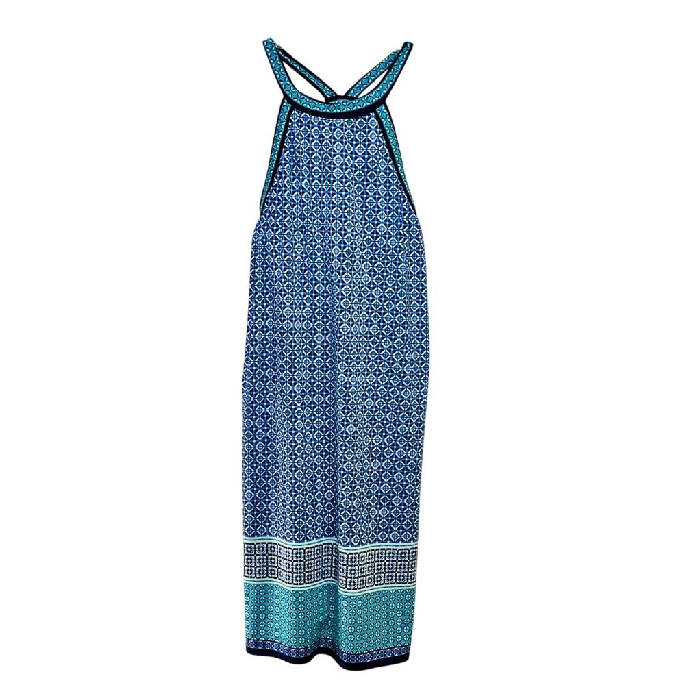 Max Studio Womens Small Border Crisscross Printed Matte Jersey Halter Dress Blue